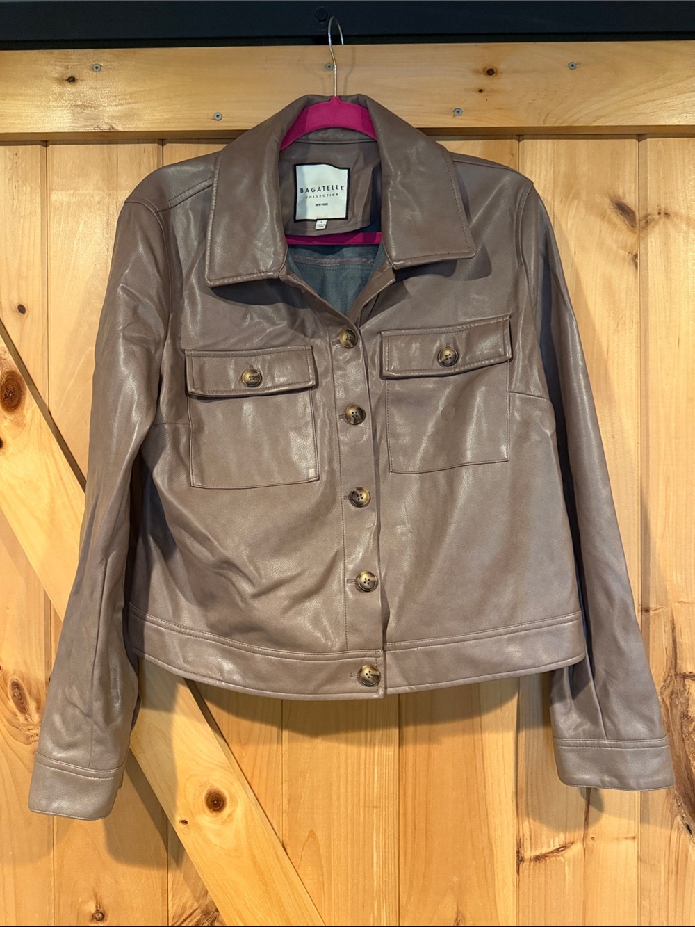 bagatelle Taupe Leather Button-Front Jacket with Chest Pockets